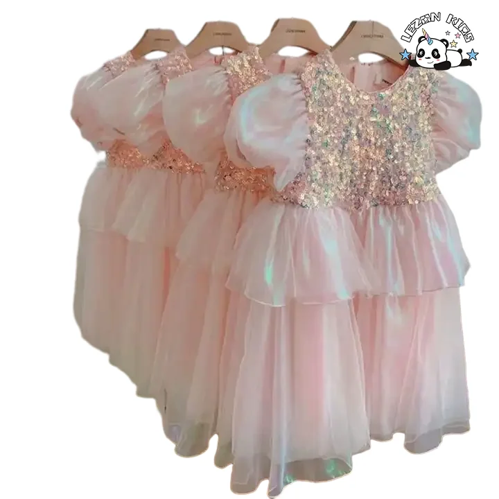 LEZONKIDS - 2024 New Fashion cute puff sleeve tutu frock sequined princess girls dresses for 2 to 6 years old